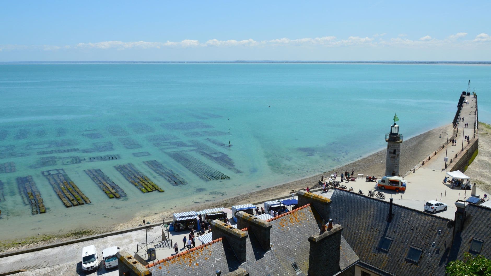 Stunning aerial view of Cancale, Brittany's coast with oyster beds and lighthouse under clear skies.